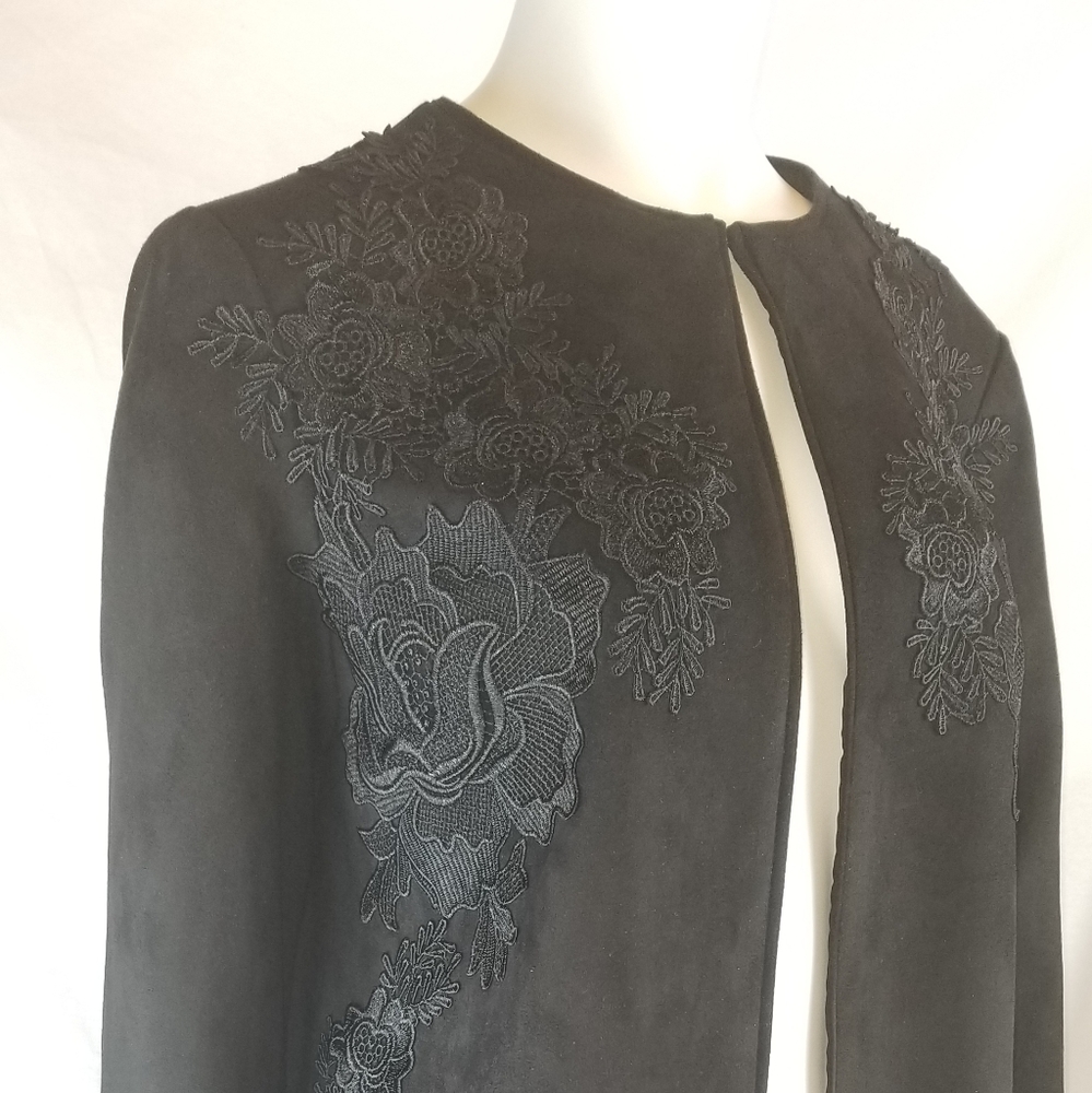 Tahari Jet Black Floral Embroidered Open Front Ev